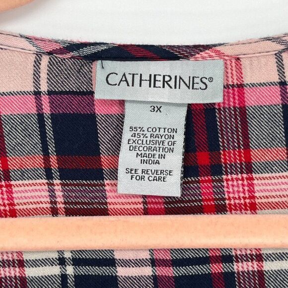 Catherines Womens Country Plaid Embroidered Top 3X Lightweight Western Cherry - Picture 4 of 5